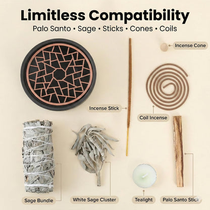 All-in-One Incense Holder for Burning Palo Santo & Sage Sticks & Insence-Stick and Cone & Candle, Lasting Burn Palo Santo & Sage Bundle & Loose Sage Leaves, Ash-Free, Wind-Resistant(Brown)