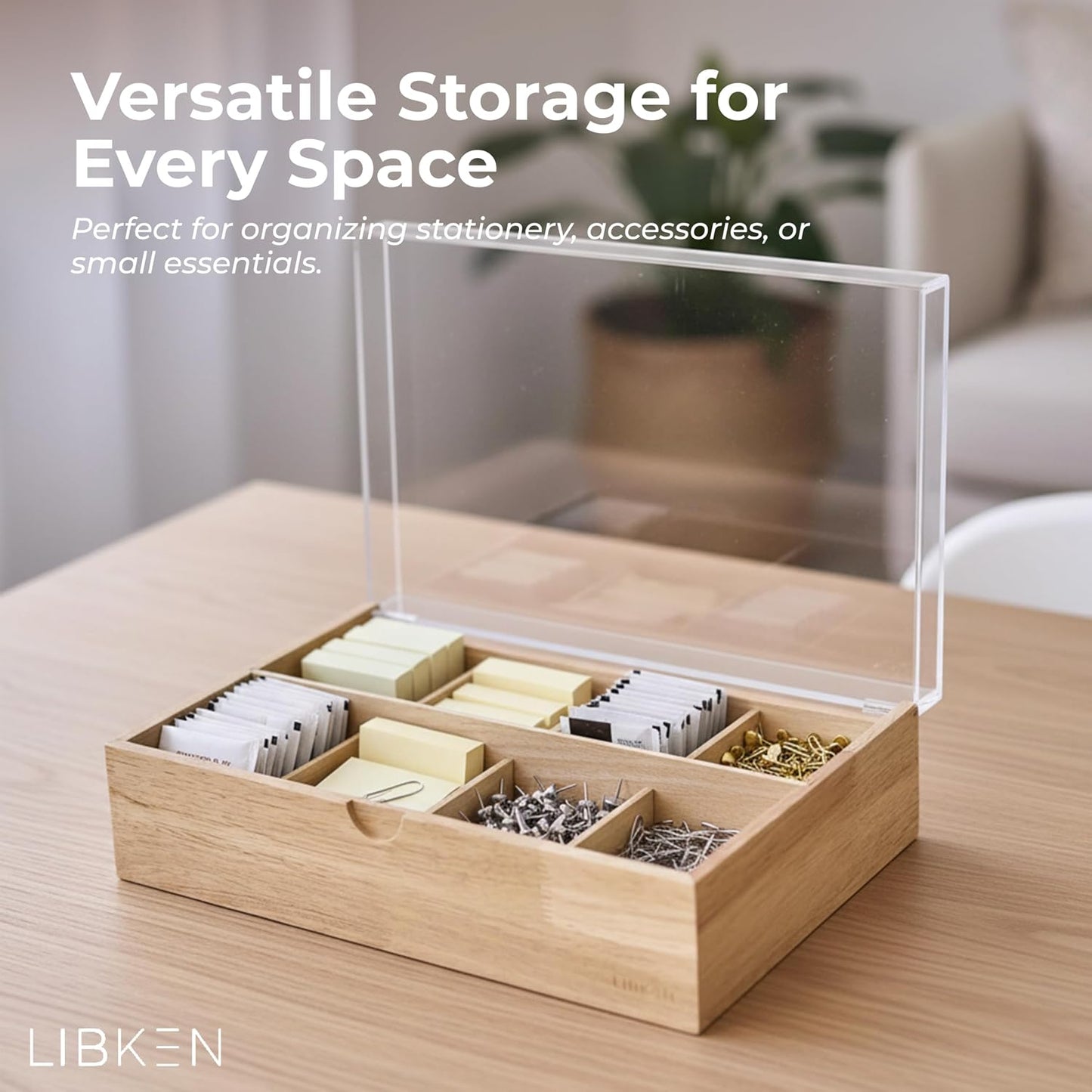 LIBKEN Wooden Tea Bag Organizer Box – 8 Compartment Tea Storage with Clear Lid – Minimalist Scandinavian Design – Versatile Wooden Tea Box for Tea Bags, Jewelry, Crafts, Office & Countertop Storage