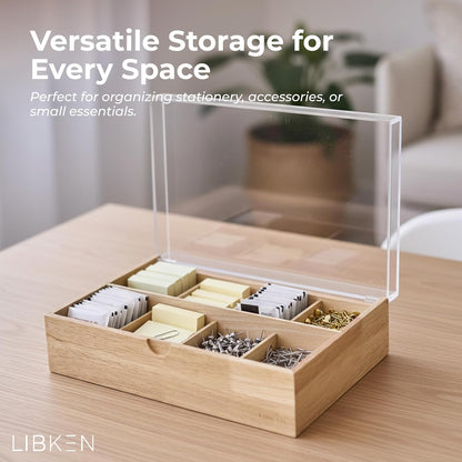 LIBKEN Wooden Tea Bag Organizer Box – 8 Compartment Tea Storage with Clear Lid – Minimalist Scandinavian Design – Versatile Wooden Tea Box for Tea Bags, Jewelry, Crafts, Office & Countertop Storage