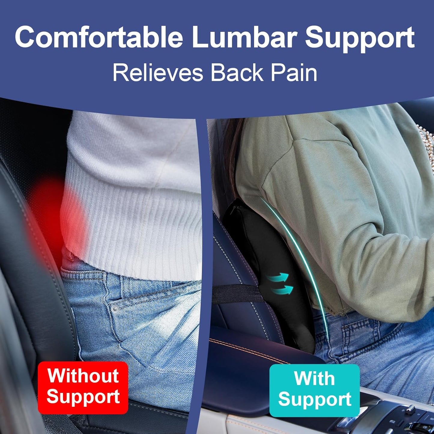 BYMECOST Lumbar Support Pillow for Car, Memory Foam Car Seat Back Support Pillow for Driving, Back Cushion with Strap for Pain Relief, Ergonomic Back Cushion for Office Chair, Wheelchair (Black)