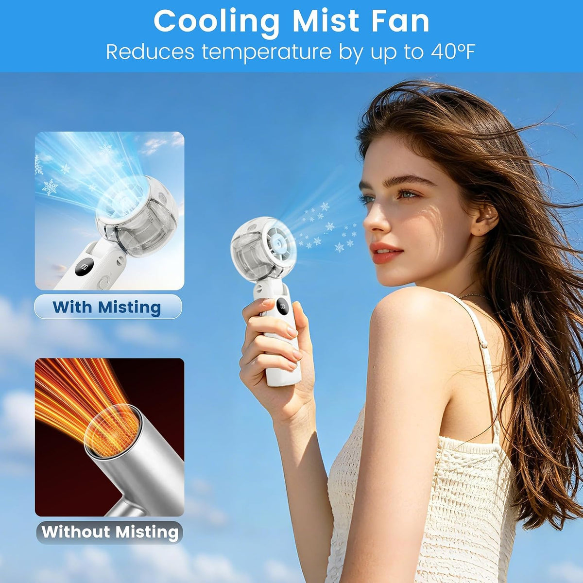 Portable Fan Handheld, Powerful Cooling Misting Fan Rechargeable