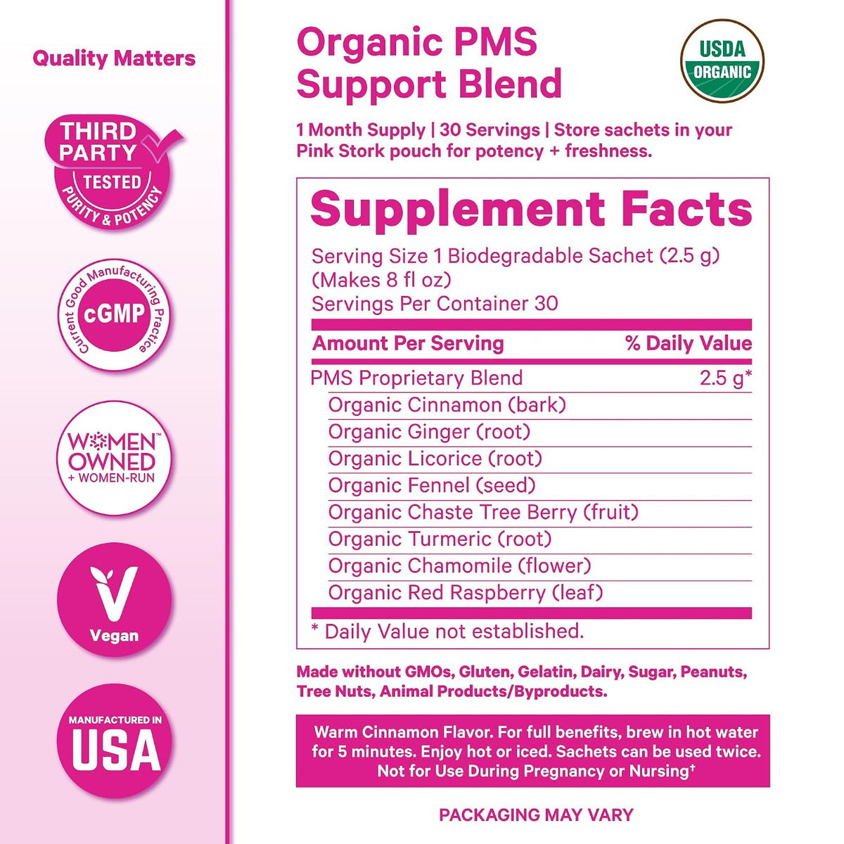 Pink Stork Organic PMS Tea with Vitex + Red Raspberry Leaf, 30 Cups