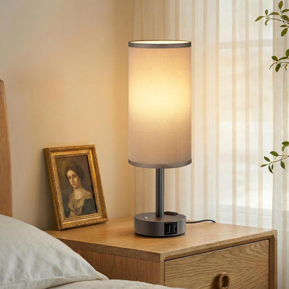 Touch Bedside Table Lamp with Memory - Stepless Dimmable Lamp for Bedroom, Small Nightstand Lamp with Dual USB Charging Ports and AC Outlet, Wood Night Light, Desk Lamp for Nursery, Living Room, Dorm