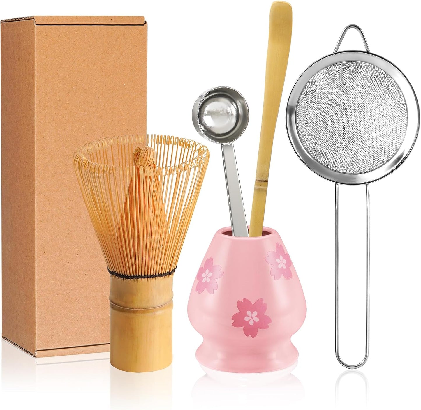 Matcha Whisk Set with Ceramic Bowl - Complete Matcha Making Kit, Bamboo Whisk (Chasen), Whisk Holder, Matcha Powder Sifter, Scoop, Japanese Tea Ceremony Tools（Green）