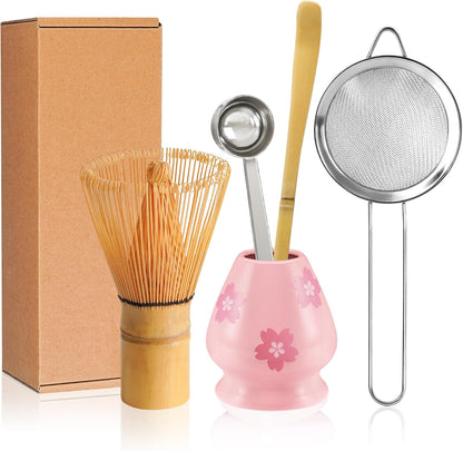 Matcha Whisk Set with Ceramic Bowl - Complete Matcha Making Kit, Bamboo Whisk (Chasen), Whisk Holder, Matcha Powder Sifter, Scoop, Japanese Tea Ceremony Tools（Green）
