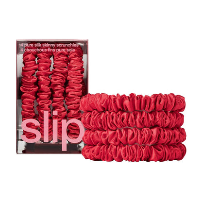 Slip Silk Hair Ties — Skinny Silk Black Scrunchies, No Damage, No Crease, Anti-Breakage |100% Mulberry Silk | All Hair Types | Made with Proprietary Slipsilk™ | Set of 4