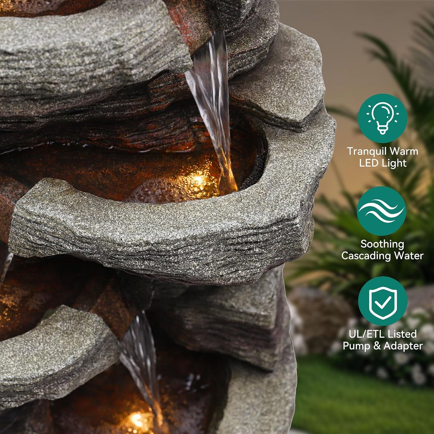 19.5" H 4-Tier Indoor & Outdoor Water Fountain with LED Lights | Resin Pebble Textured Tabletop Cascading Water Feature, Relaxing Decor for Patio, Porch, Deck, Yard & Home