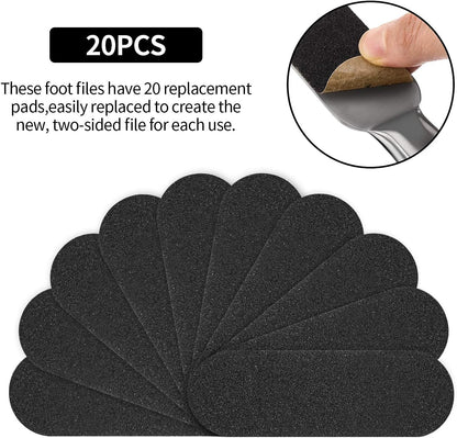 Mudder 2 Pieces Stainless Steel Pedicure Foot File Callus Remover Foot Scrubber Rasp with 20 Replaceable Coarse/Fine Double Side Reusable Pads for Care Cracked Skin Callus Remover Tool(Silver)