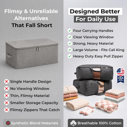 Soft Canvas Storage Bags with Zipper. Thick Breathable, 2pc King/Queen Comforter Organizer. Four Carrying Handles and Window. Large 25x19x9in Bag for Sheets Blankets Bedding Pillows, Clothes