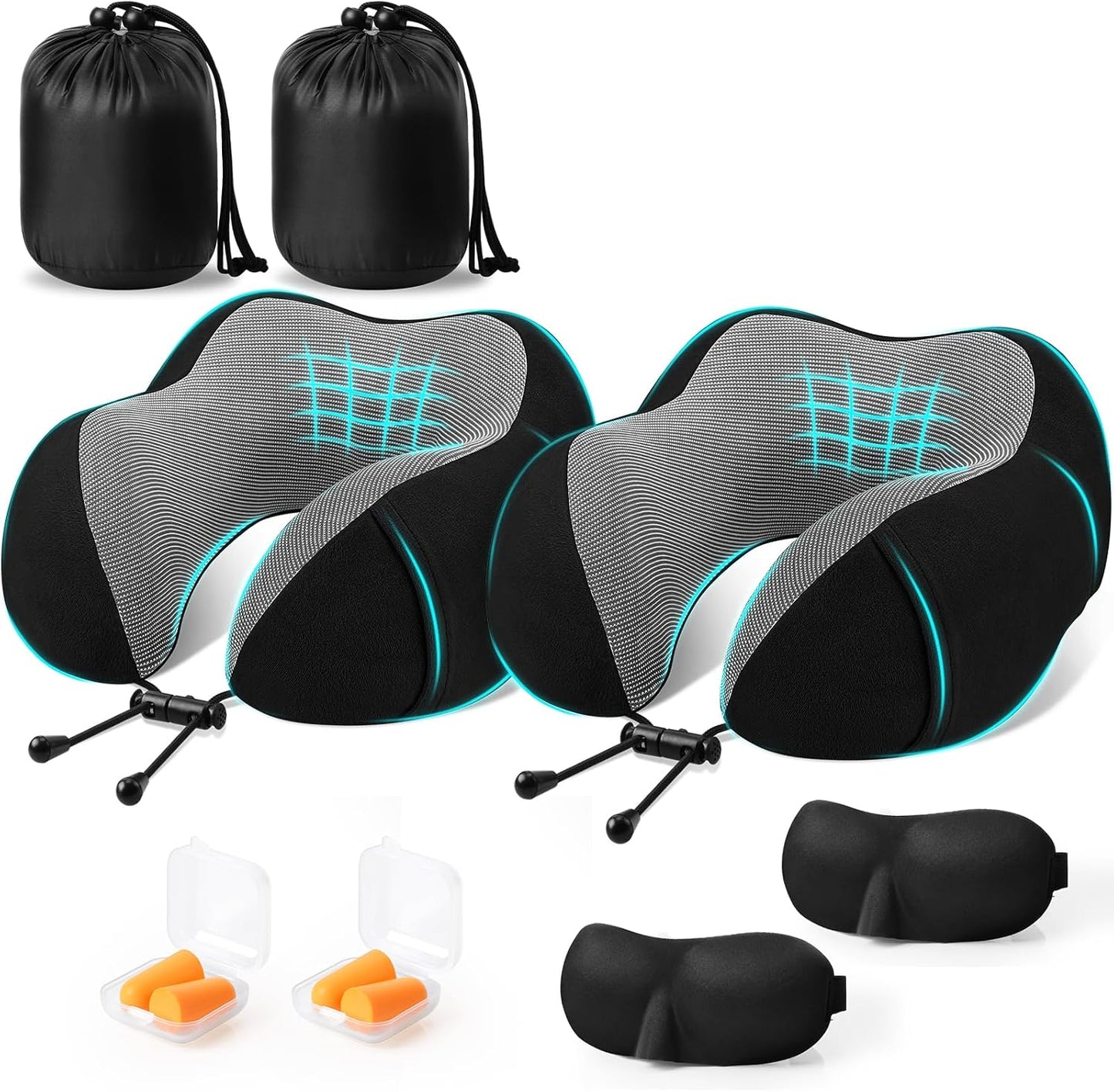 CloudBliss Travel Pillow for Airplane, Memory Foam Neck Pillow for Travel, Compact Flight Pillow with Eye Mask, Earplugs, Carry Bag, Travel Neck Pillow for Long Flight Sleep, Plane Accessories, Black