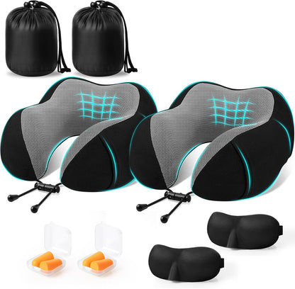 CloudBliss Travel Pillow for Airplane, Memory Foam Neck Pillow for Travel, Compact Flight Pillow with Eye Mask, Earplugs, Carry Bag, Travel Neck Pillow for Long Flight Sleep, Plane Accessories, Black