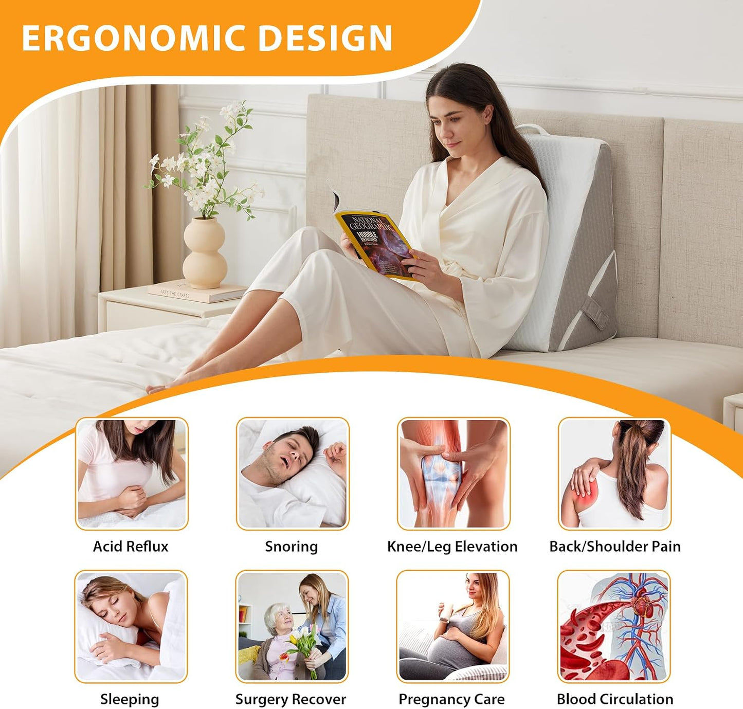 Ruqmuis Wedge Pillow Set for After Surgery, 3PCS Adjustable 9&12 Inch Bed Wedge Pillow for Sleeping, Incline Pillow Wedge for Headboard, Post Surgery, Acid Reflux, Neck&Back Support, White/Grey