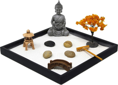 Nature's Mark Mini Zen Garden Kit for Desk with Rake, White Sand, Buddha, Bridge Black Square Base, River Rocks and Mini Blossom Tree (9Lx9W A)