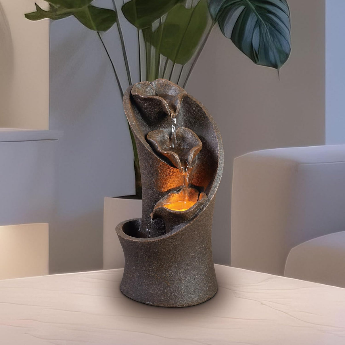 Kalona Tabletop Waterfall Fountain Rockery Fountains Soothing Sound Tabletop Fountains Home/Office Decor with a Small Plastic Pot to Grow The Plant by Yourself(Automatic Watering)(22020)