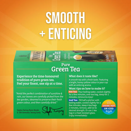 Twinings Pure Green Tea, Caffeinated, Tea Bags, 20 CT Box (6 Pack)