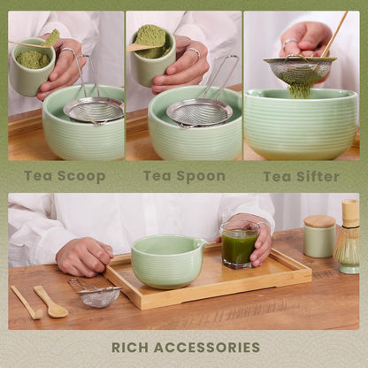 Matcha Whisk Set, Ceramic Matcha Set Includes Matcha Bowl, Matcha Whisk (Chasen) and Holder, Sifter, Bamboo Scoop & Spoon - 6 Pcs Matcha Kit for Matcha Lovers White