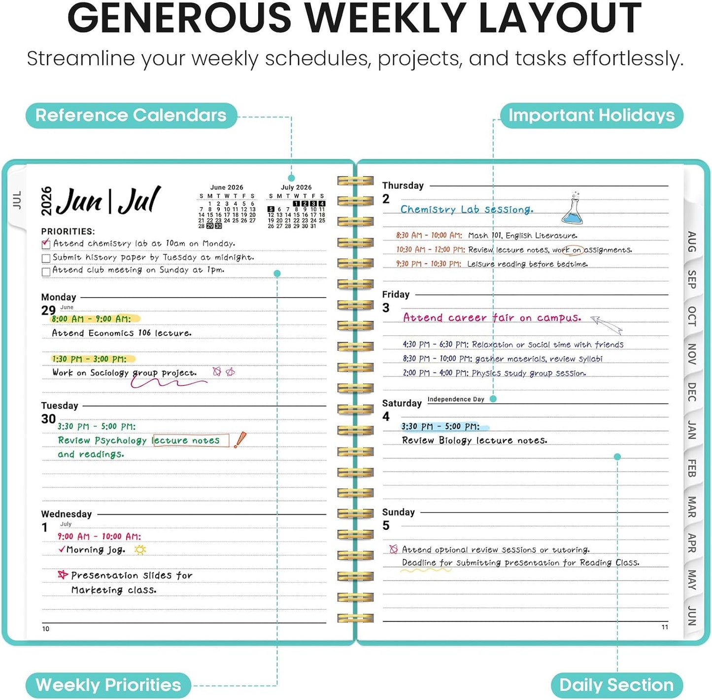 Planner 2026-2027, 8.5" x 11" Weekly and Monthly Academic Year Planner Calendar, July 2026 - June 2027, Hardcover Large School Planning Agenda With Tabs, Perfect for School & Office Supplies, A4, Green