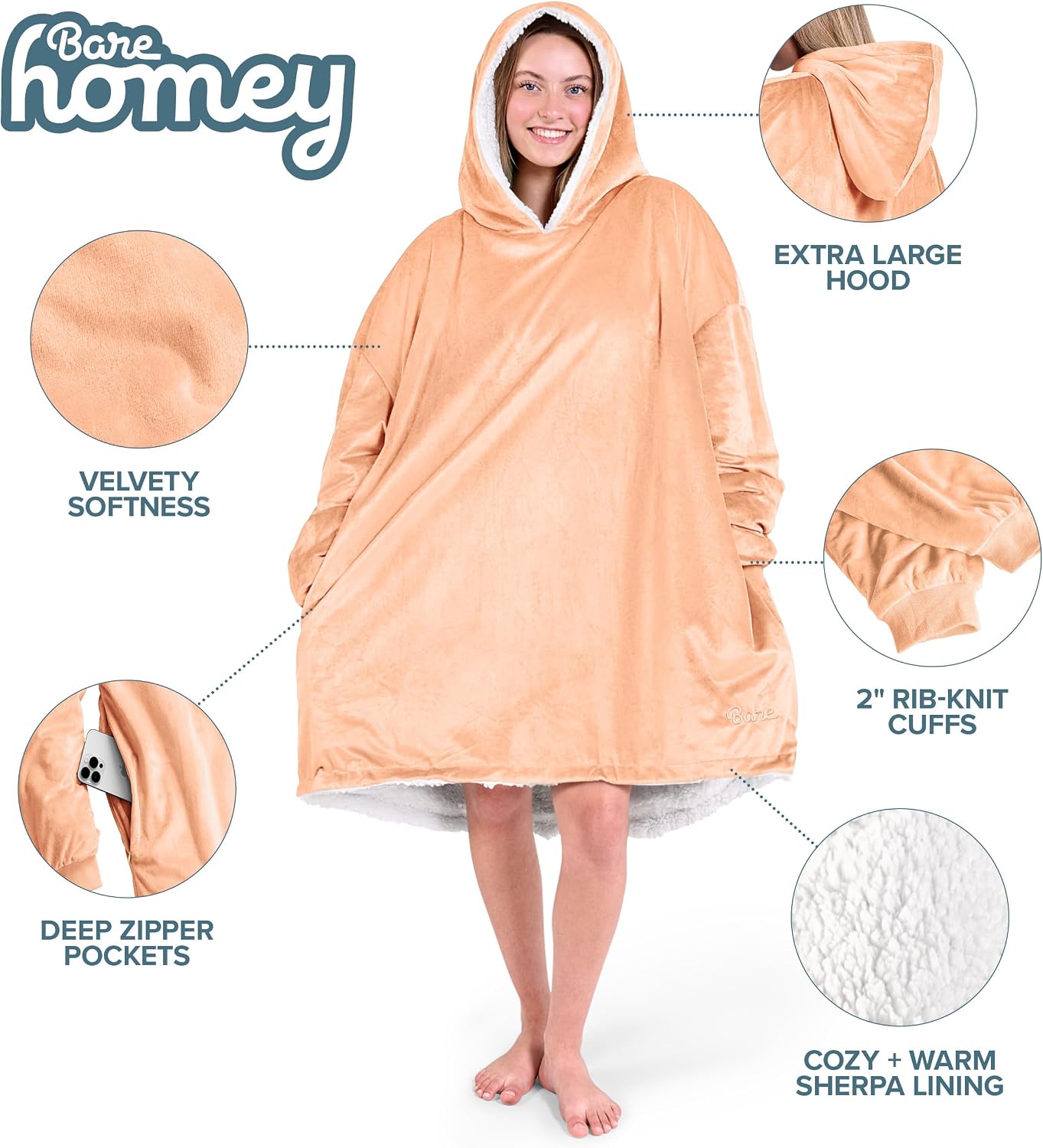 Bare Home Wearable Blanket Hoodie - Soft Plush Sherpa - Warm and Cozy - Oversized Wearable Blanket