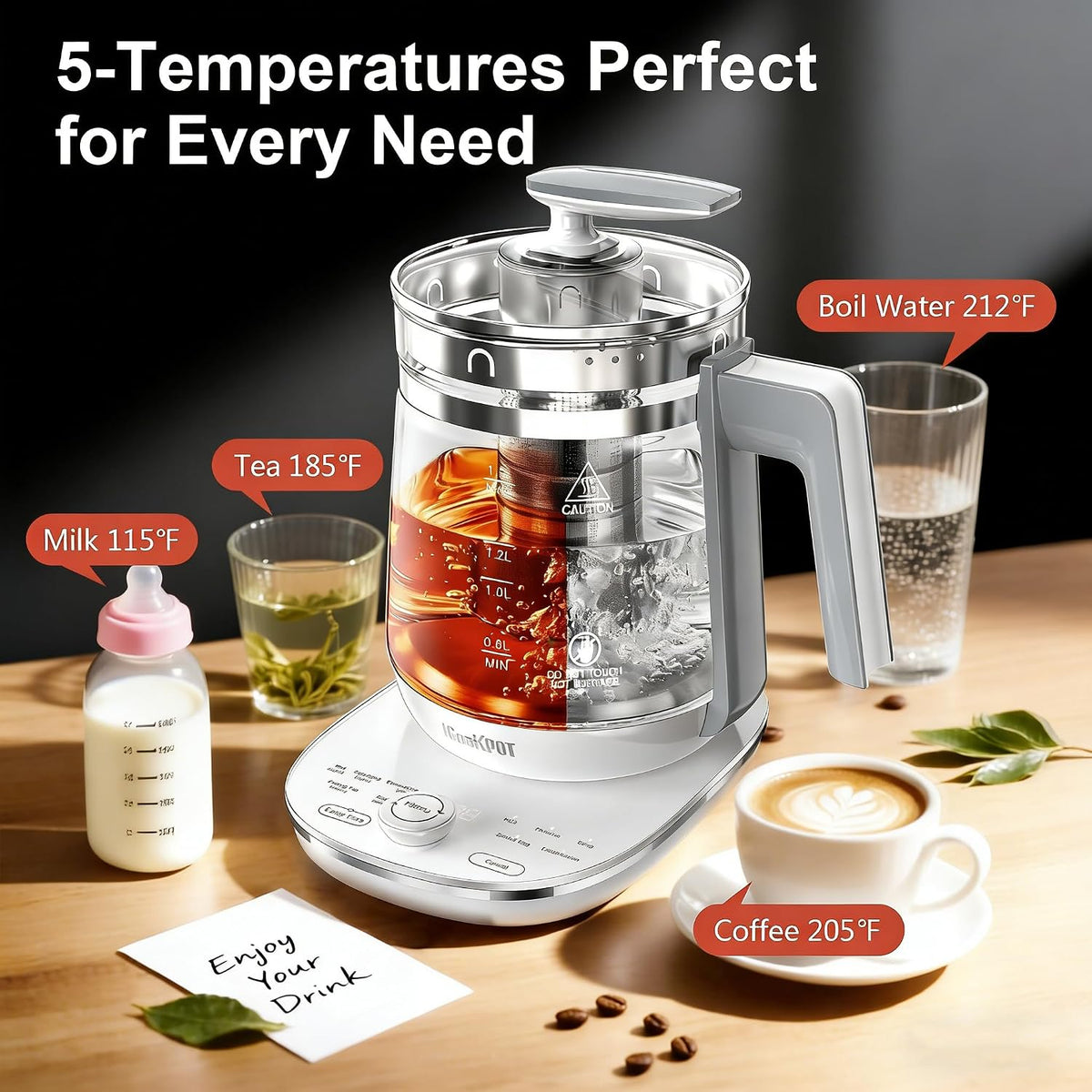 Electric Kettle 1.5L Borosilicate Glass, 1200W Temperature Control Tea Kettle with Auto Shut-Off & Boil-Dry Protection, BPA-Free Stainless Steel Base, Fast Boil for Coffee & Keep Warm, White