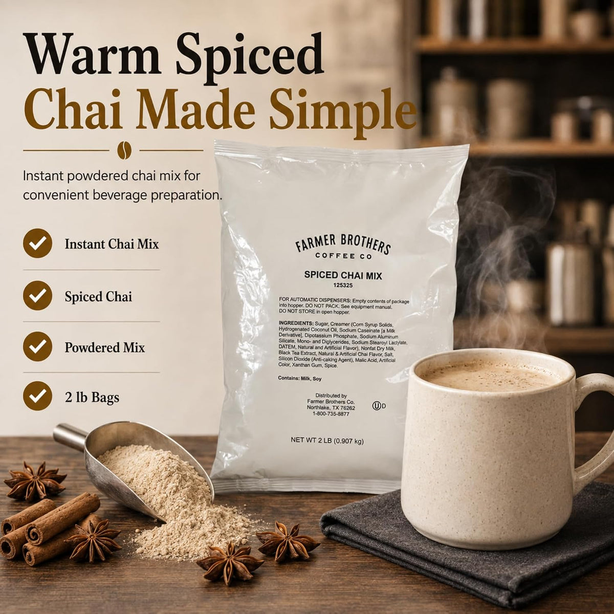 Farmer Brothers Spice Chai Tea Latte Powder Mix, 2 lb Bags (Case of 6)