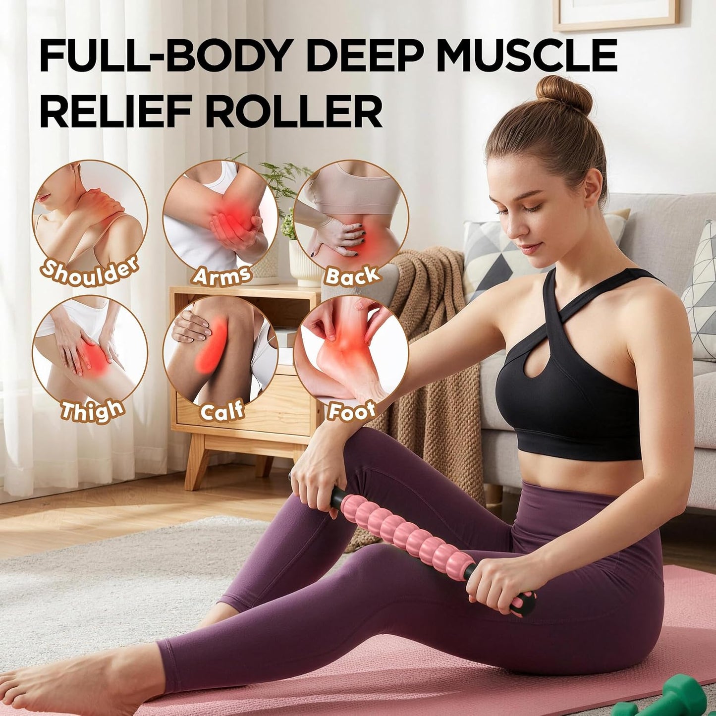 Muscle Roller Massage Roller Stick- Deep Tissue Fascia Blaster for Myofascial Pain Relief, Lymphatic Drainage & Body Sculpting, Handheld Physical Therapy & Recovery Tool (Pink black-18 inch)
