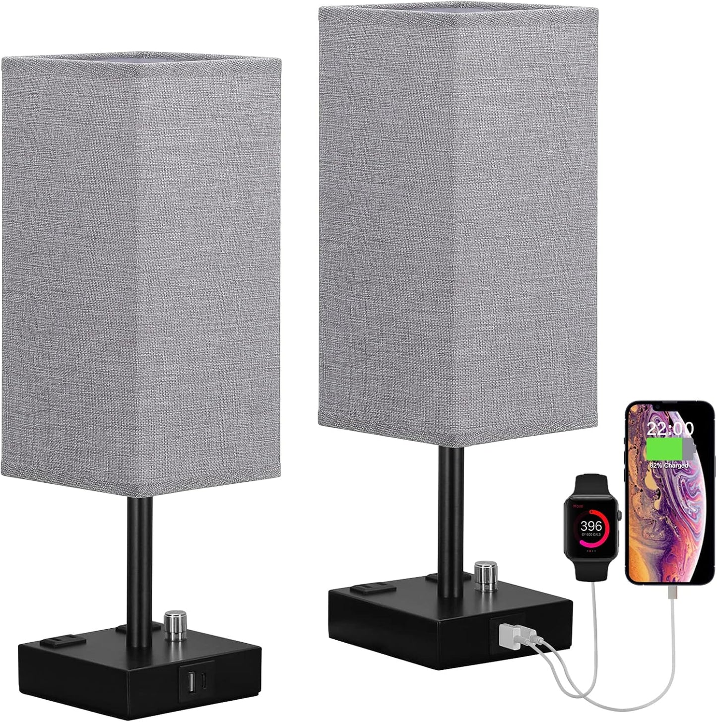 Bedside Table Lamps Set of 2 for Bedroom - Dimmable, USB C+A, 2 AC Outlets