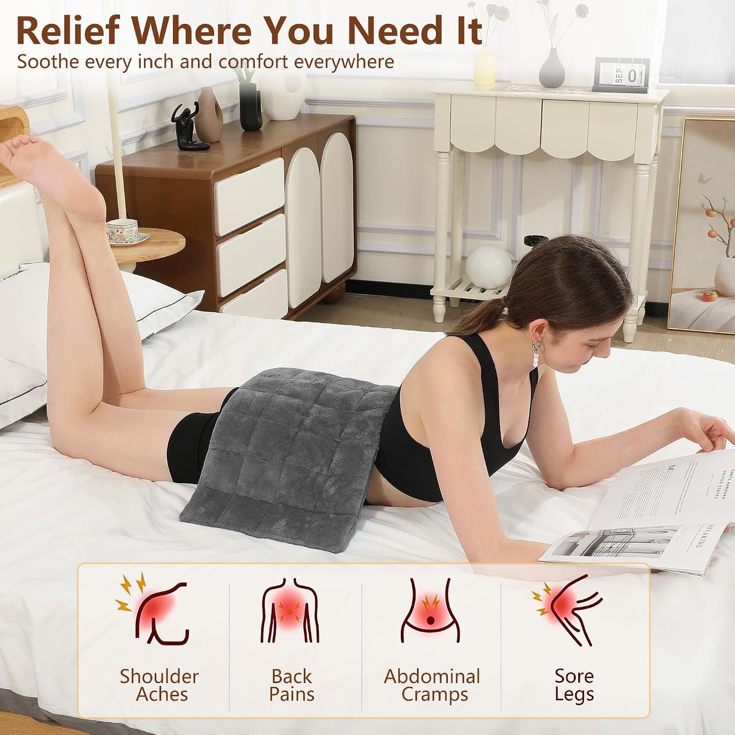 Electric Heating Pad HSA Eligible, Heated Pad for Back Neck Shoulder Pain Relif, Heating Pad for Period Cramps with 2H Auto Shut Off and 4 Heating Levels, 12"x24" Dark Grey