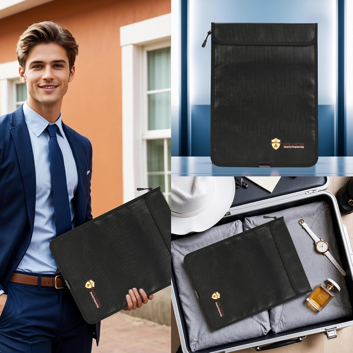 3 Pcs Fireproof Waterproof Document Bag(2000℉), Fire and Water Resistant Safe Zipper Storage Organizer Pouch for A4 A5 Documents Holder, Cash, Passport, Tablet, Laptop, File, Jewelry,(Black)
