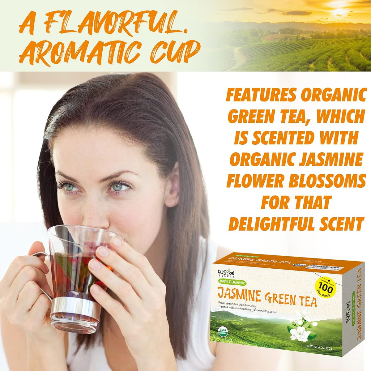 Fusion Organic Jasmine Green Tea - 100 Bags, Traditionally Scented, Refreshing Floral Fragrance - 6oz (170g)