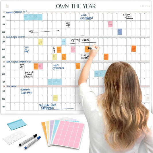 ETERNA GOODS Undated Giant Wall Calendar | 4ft x 3ft Full-Year Dry Erase Planner Start Anytime, Own The Year Jumbo Whiteboard Wall Calendar, Includes Markers, Stickers & Mounting Kit, for Home or Office