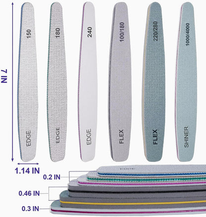 Nail File and Buffer Set, 6 Pcs Professional Nail File Kit for Acrylic and Natural Nails, 100/150/180/220/240/280/1000/4000 Grit Soft Nail Filer Gel Nail Files & buffers Filing Emery Board Home Salon