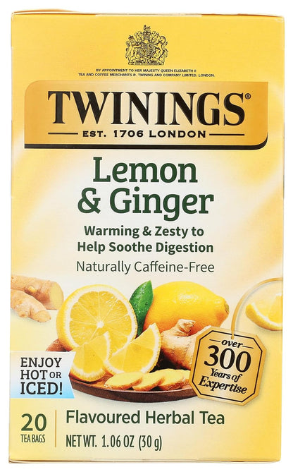 Twinings Lemon & Ginger Herbal Tea Individually Wrapped Bags, 20 Count (Pack of 1), Tangy Lemon, Spicy Ginger, Naturally Caffeine-Free, Enjoy Hot or Iced, 20 Teabags