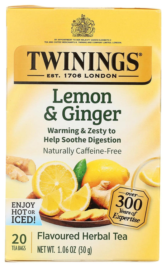 Twinings Lemon & Ginger Herbal Tea Individually Wrapped Bags, 20 Count (Pack of 1), Tangy Lemon, Spicy Ginger, Naturally Caffeine-Free, Enjoy Hot or Iced, 20 Teabags