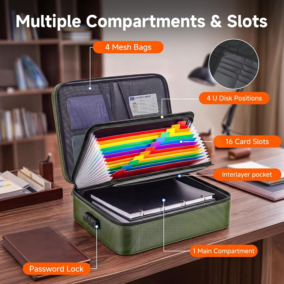 Fireproof Document Box With Lock, 16 Pocket Document Organizer