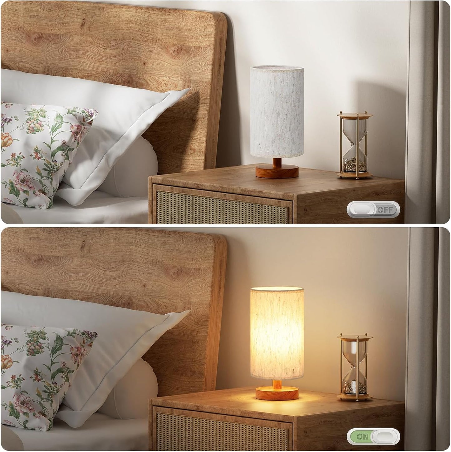 Fenmzee Small Table Lamp for Bedroom - Inline Control, Bedside Lamp with 3000K A15 LED Blub, Easy Assembly (Cream Shade - Wood Base, 9" Inline Control)