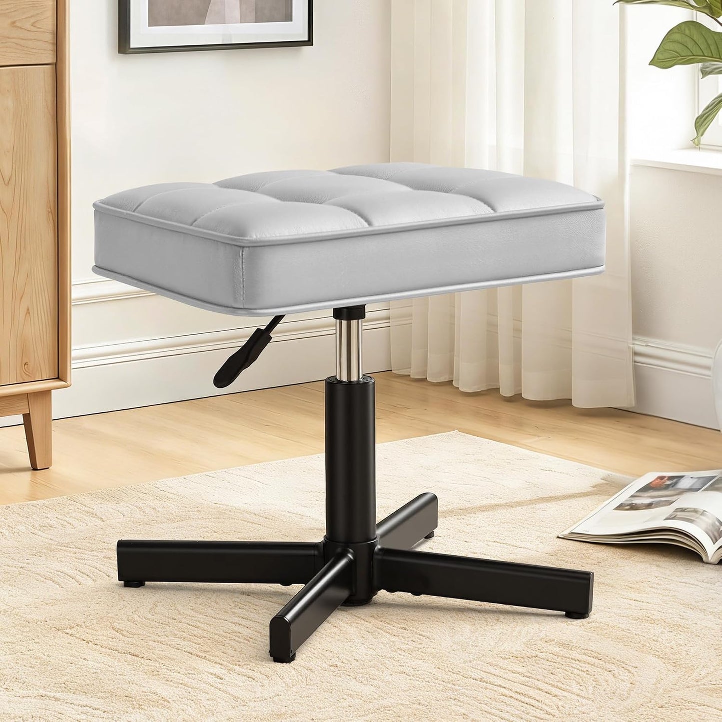LUE BONA Adjustable Vanity Stool, Foot Rest Under Desk, 360° Swivel Vanity Chair for Makeup Room, Black Upholstered Faux Leather Ottoman for Bathroom & Living Room, 300lbs