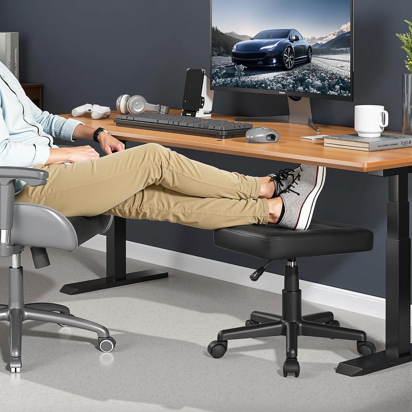 VECELO Under Desk Footrest, PU Ergonomic Foot Rest with Wheels, Comfort Padding, Height Adjustable for Relieving Leg Pain, Stiffness, Black