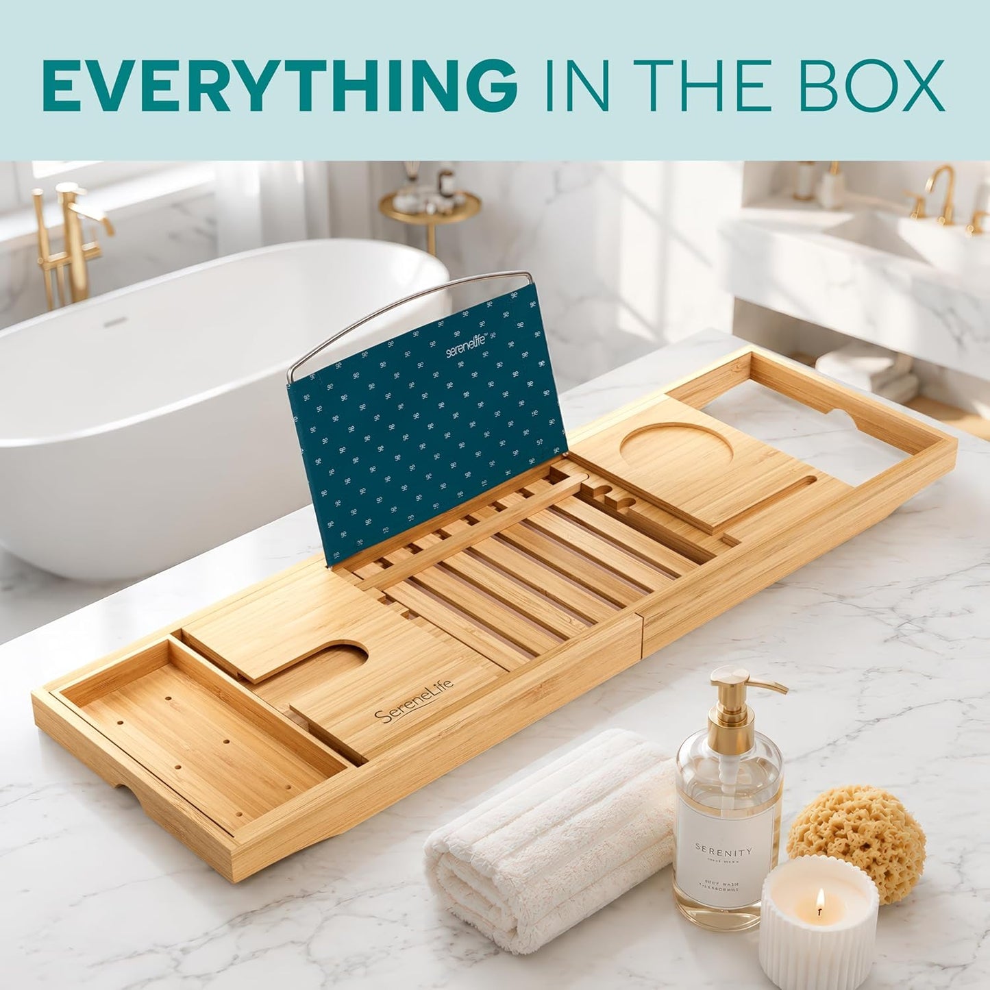 SereneLife 2 in 1 Bed and Bath Tray - Foldable Bamboo Bathtub Caddy with Adjustable Length, Non-Slip, Device Holder, Wine Glass Slot, Expandable for Comfortable Bathing, Natural, Folding Set