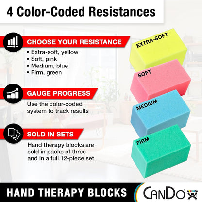CanDo Hand Therapy Blocks - Extra-Soft Through Firm), Pack of 12 - Grip Strengthening Foam Hand Exercise Tools for Physical Therapy, Arthritis, Carpal Tunnel, Stress Relief, Anxiety