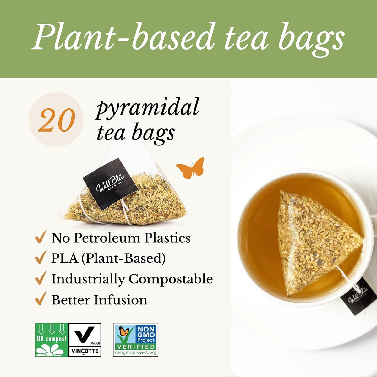 Wild Bliss Organic Elderflower Herbal Tea - Caffeine Free Elder Flowers Tisane - Pharmacopoeia Potency - 20 Plant Based Tea Bags