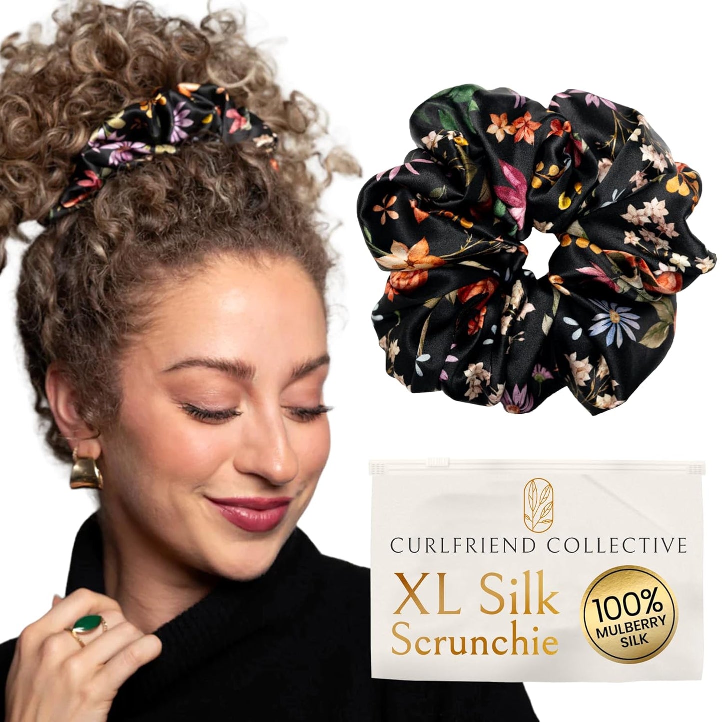 Silk Scrunchies for Women Ponytail Holders – Oversized Mulberry Silk Scrunchies – Extra Large No Damage Hair Ties for Curly, Thick, and Thin - Hair Accessories for Women – Black, XL By Curlfriend