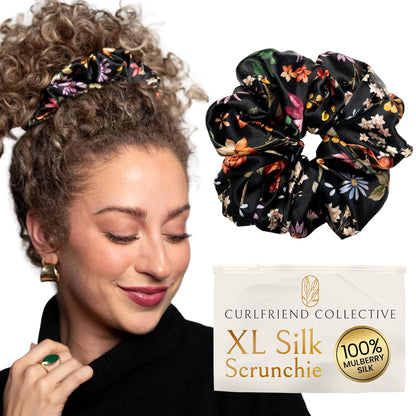 Silk Scrunchies for Women Ponytail Holders – Oversized Mulberry Silk Scrunchies – Extra Large No Damage Hair Ties for Curly, Thick, and Thin - Hair Accessories for Women – Black, XL By Curlfriend