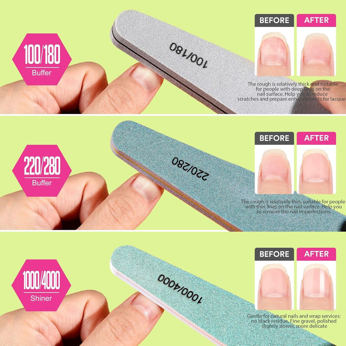 Teenitor 12pcs Nail Files and Buffers, Nail File Nail Buffer Block for Women, Emery Boards for Nails Nail Buffer and Shine Kit, Fingernail Files 100/180 Grit Nail Files for Natural Nails