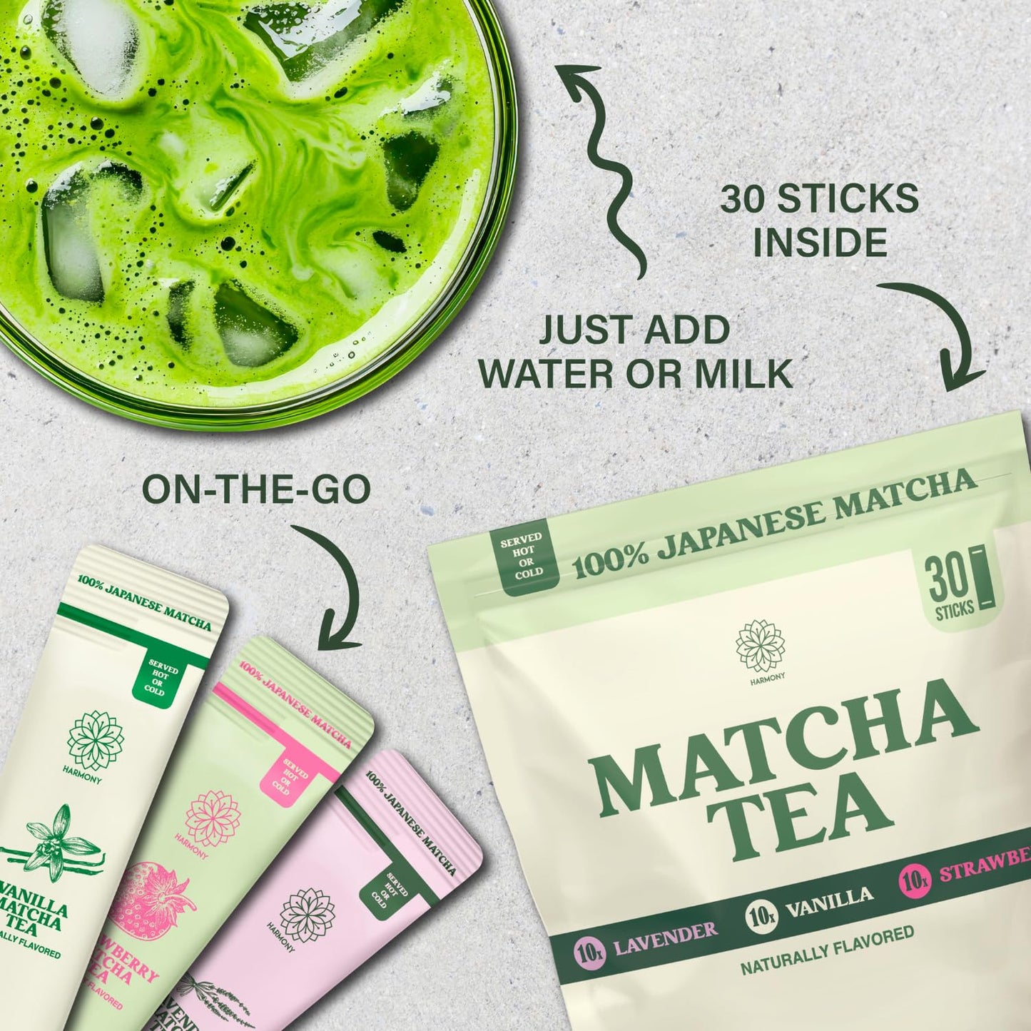 The Harmony Matcha Lavender (10 Sticks) Premium Japanese Matcha Powder, Rich in Antioxidants & L-Theanine, Sweetened with Organic Sugar, No Preservatives