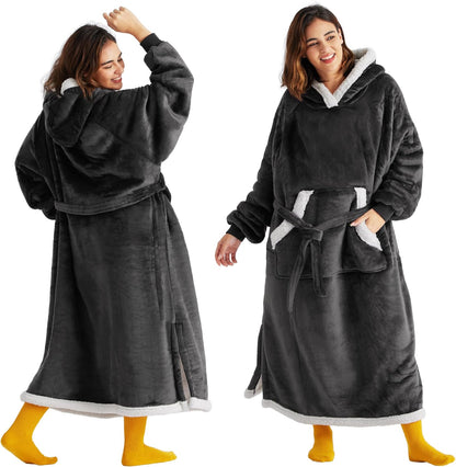 Bedsure Wearable Blanket Hoodie, Long Hooded Blanket Sweatshirt as Mothers Birthday Gifts for Women, Cozy Sherpa Hoodie for Adult, Standard, Grey
