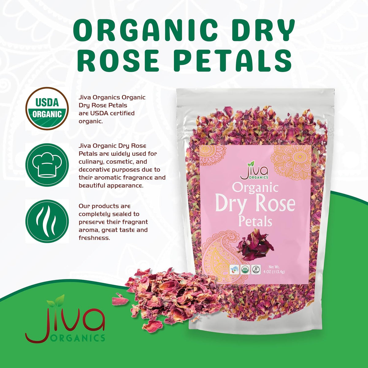 Jiva Organics Dried Red Rose Petals 4 Oz Bag - Non-GMO, USDA Organic, Food Grade, Edible Flowers - Use in Tea, Baking, Making Rose Water, Crafting, Wedding Confetti