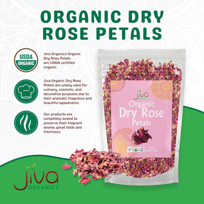 Jiva Organics Dried Red Rose Petals 4 Oz Bag - Non-GMO, USDA Organic, Food Grade, Edible Flowers - Use in Tea, Baking, Making Rose Water, Crafting, Wedding Confetti