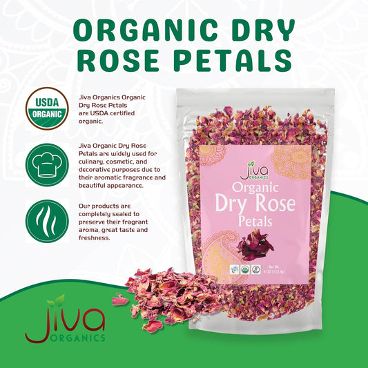 Jiva Organics Dried Red Rose Petals 4 Oz Bag - Non-GMO, USDA Organic, Food Grade, Edible Flowers - Use in Tea, Baking, Making Rose Water, Crafting, Wedding Confetti