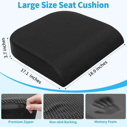 TranquilRelax Large Seat Cushion, Memory Foam Cushion for Long Sitting Hours on Office Chair, Car Seat, Non-Slip Chair Pad for Sciatica, Coccyx, Tailbone Pain Relief & Post-Surgery Recovery (Black)
