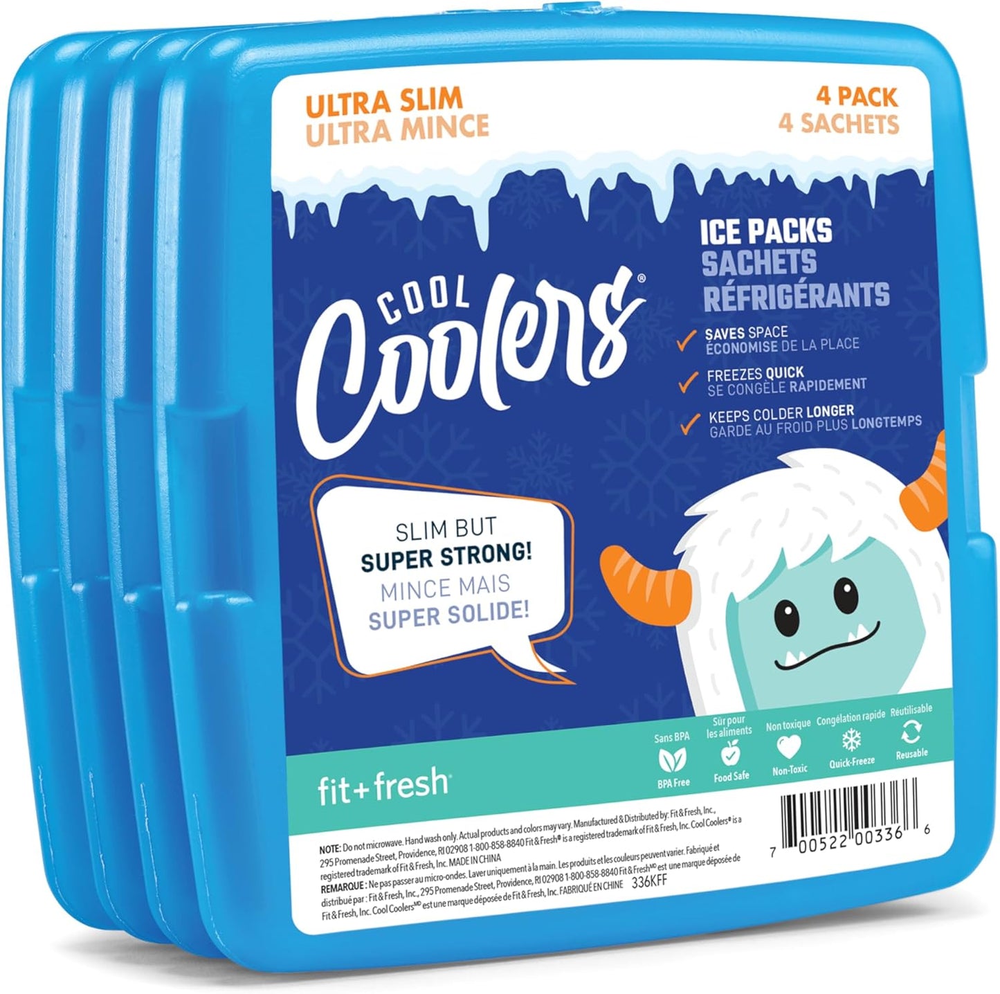Cool Coolers by Fit + Fresh, 4 Pack Slim Ice Packs, Space Saving Reusable Ice Packs for Lunch Boxes or Coolers